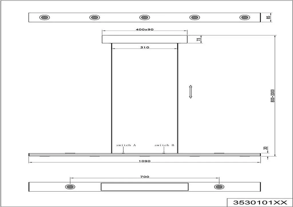 Lustre Suspension LED Noir avec Éclairage Haut et Bas Variable 2m - 3