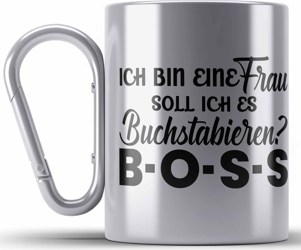Trendation - Frauen Edelstahl Tasse Karabiner Geschenk Boss Edelstahl Tasse Karabiner mit Spruch für Frauen Frauentag Starke Frau (Silber)
