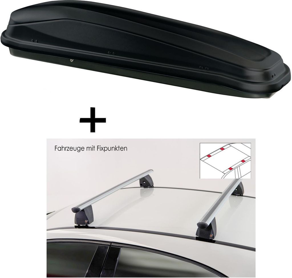 Dachbox JUEASY300 300 Liter schwarz + Dachträger VDP Delta kompatibel mit für Fiat Doblò Cargo/Cargo Maxi 2000-2010
