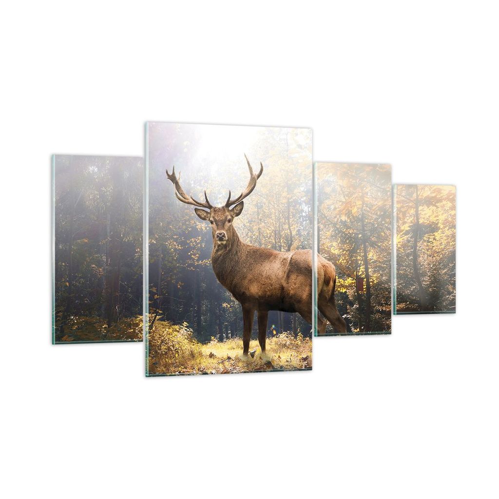 Bilder auf glas - 4 Teile - Licht Hirsch Wald - 160x90cm - Glasbilder - Wandbilder - Bilder - zum Aufhängen bereit - Wanddekoration aus Glas - Gla...