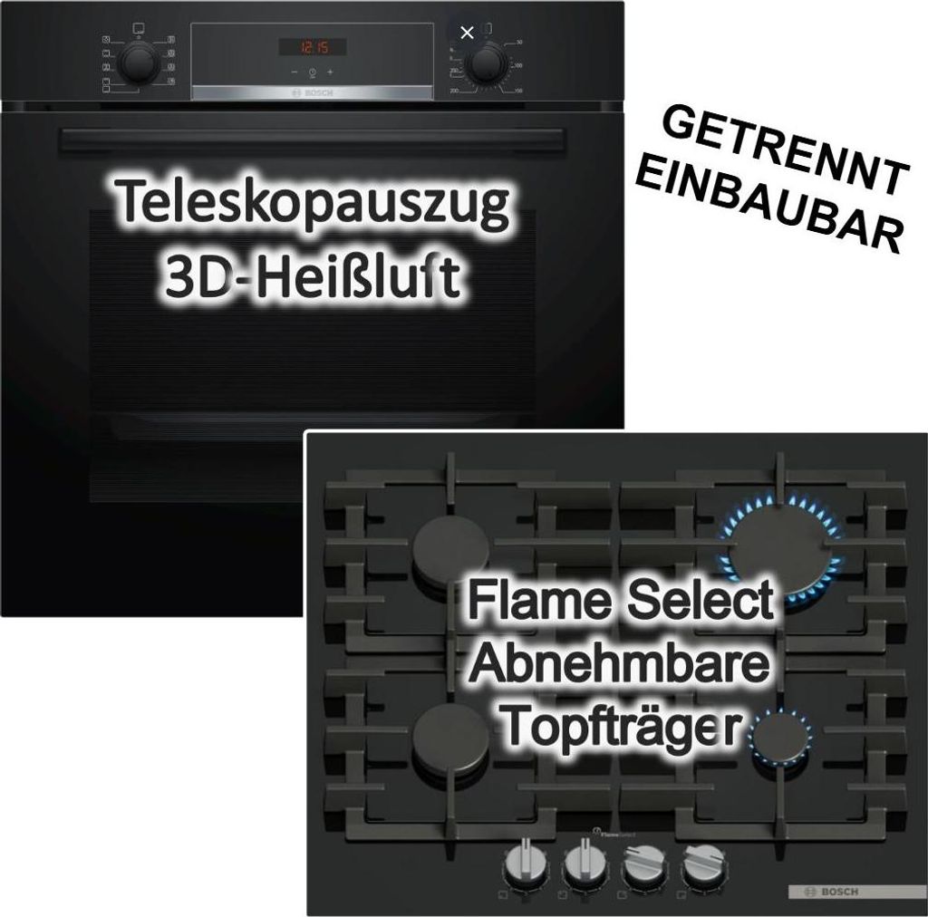 Bosch Herdset Backofen 71L Gas Kochfeld 60cm schwarz 3D Heißluft Hydrolyse Flame Select