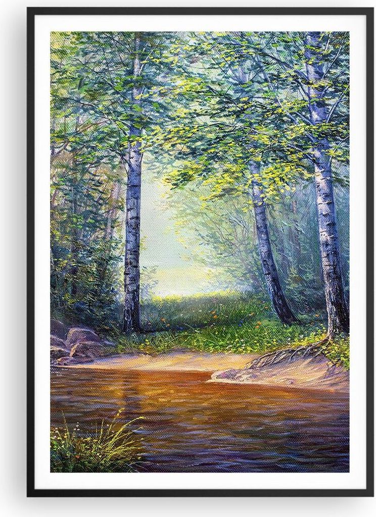 Gerahmtes Poster - Schwarzer Rahmen - Wiese Wasser Baum - 70x100 cm - Wand Bild - Wanddeko - Wandbilder - Kunstposter - Wandposter - Bilderrahmen -...