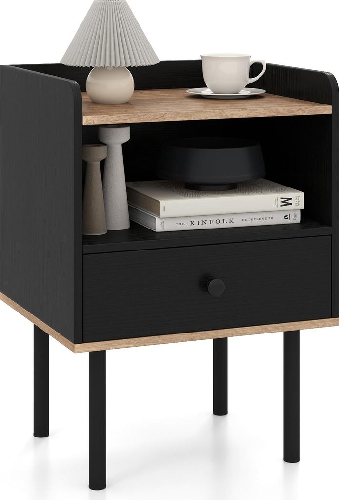 COSTWAY Nachttisch Beistelltisch mit Schublade, offenem Ablagefach & Metallbeinen, Nachtschrank, Nachtkonsole, Nachtkommode 40,5x35x56cm 1 St. Schwarz