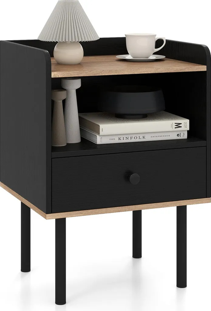 Table de Chevet Noire Style Industriel avec Niche et Tiroir de Rangement