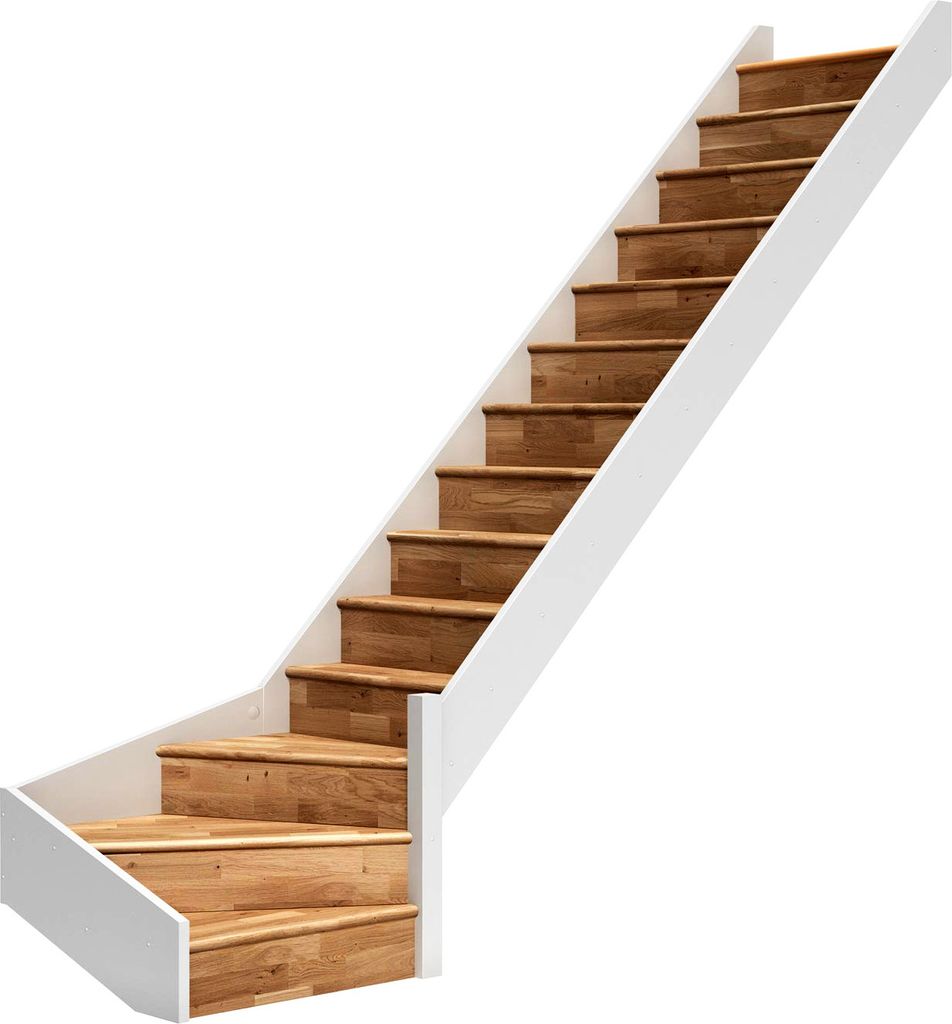 Dolle Raumspartreppe Paris mit Setzstufen Eiche weiß Treppenlauf 1/4 gewendelt unten rechts ohne Geländer