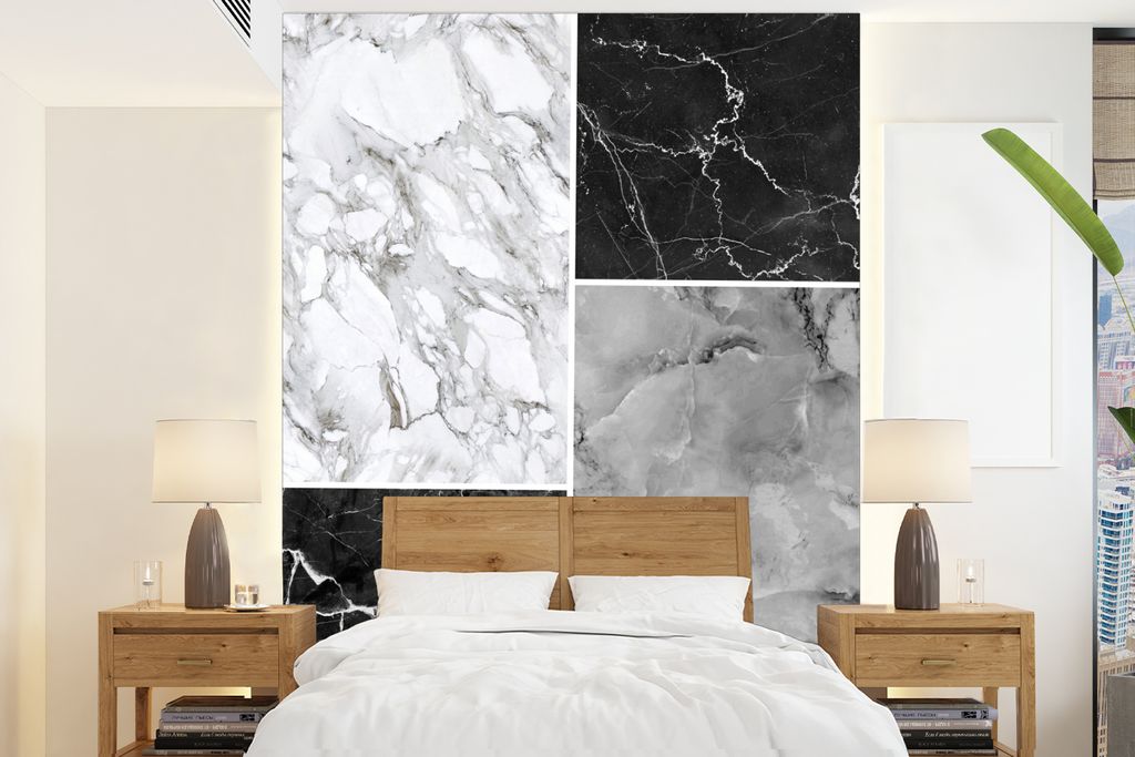 MuchoWow Fototapete für Wohnzimmer oder Schlafzimmer Wandtapete Vinyl Motivtapete Marmor - Weiß - Schwarz - 165x220 cm - Wanddekorationen