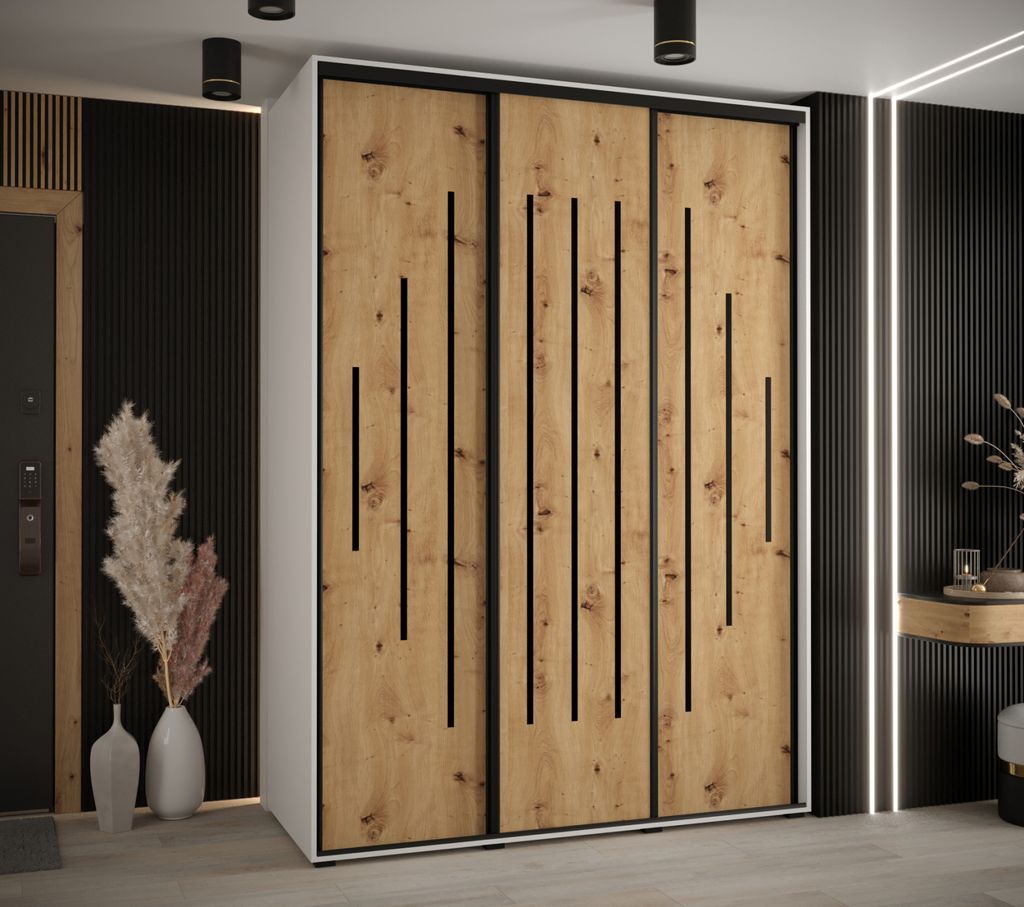Kleiderschrank YVONA 12 - 170/60 cm, weiß / Eiche handwerklich / schwarz