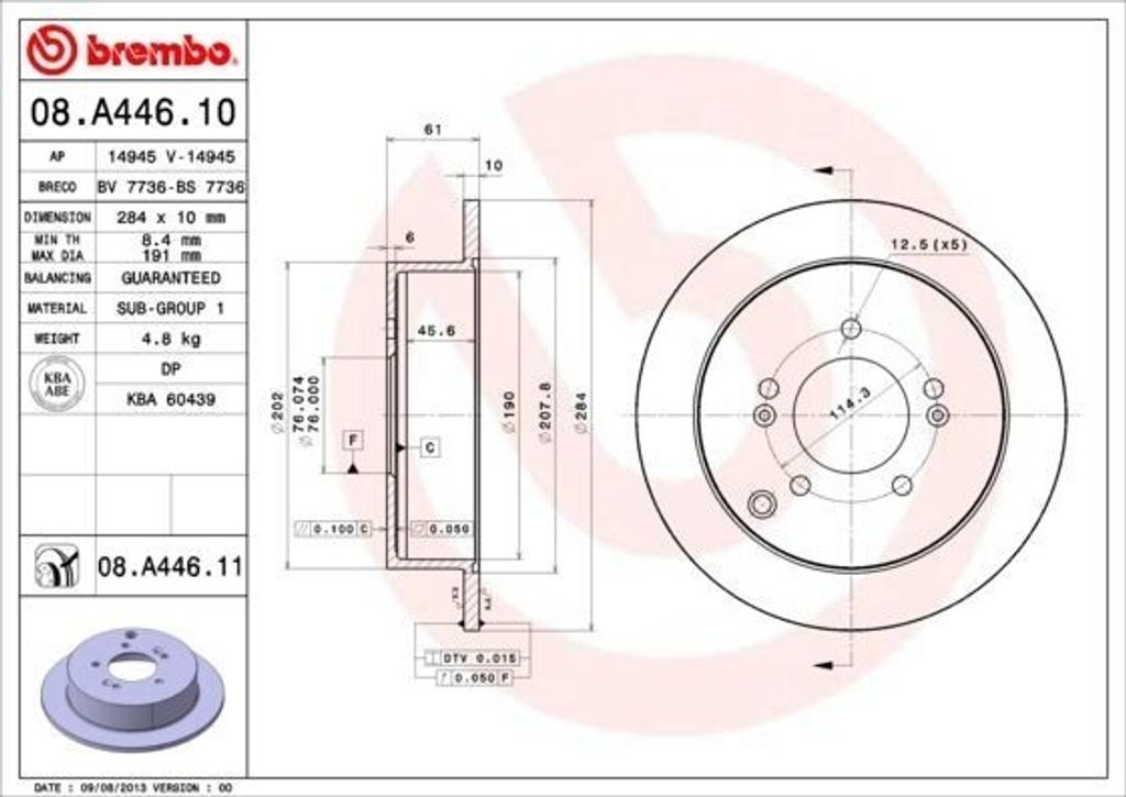 2x BREMBO Bremsscheibe 08.A446.10 für HYUNDAI ix35 (LM EL ELH) 61mm 284mm