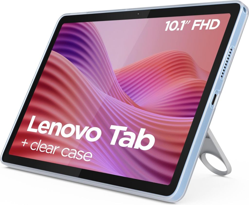 A light blue Lenovo tablet with a clear case and a kickstand, displayed at an angle against a white background.