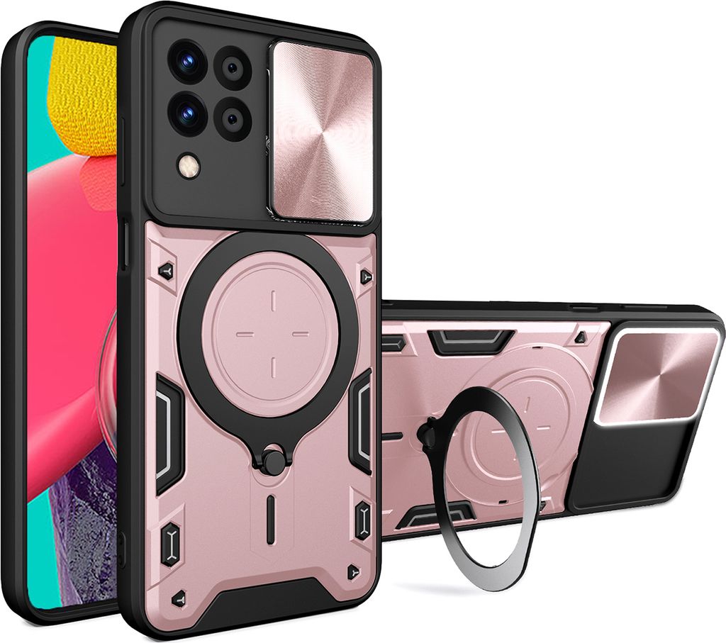Handyhülle für Samsung Galaxy M53 5G Dual-Layer Stoßfest Rüstung Hülle mit Dia Kameraschutz und Kreisförmig Ring Ständer Roségold