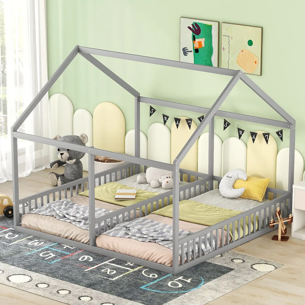 Lit double enfant 90x200cm sous un même toit en bois massif gris Merax