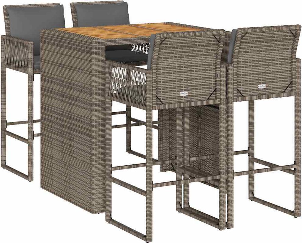 "2026 MODERNE" 5-tlg. GartenBar-Set Essgruppe - elegantes Design - Sitzgruppe/Tisch+ Stuhl - mit Kissen Grau Poly Rattan Akazie - Terassenmöbel Ne...