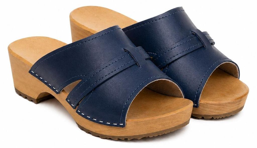 Dámské dřeváky tmavě modré z pravé kůže – klasické pantofle Obrázek produktu 