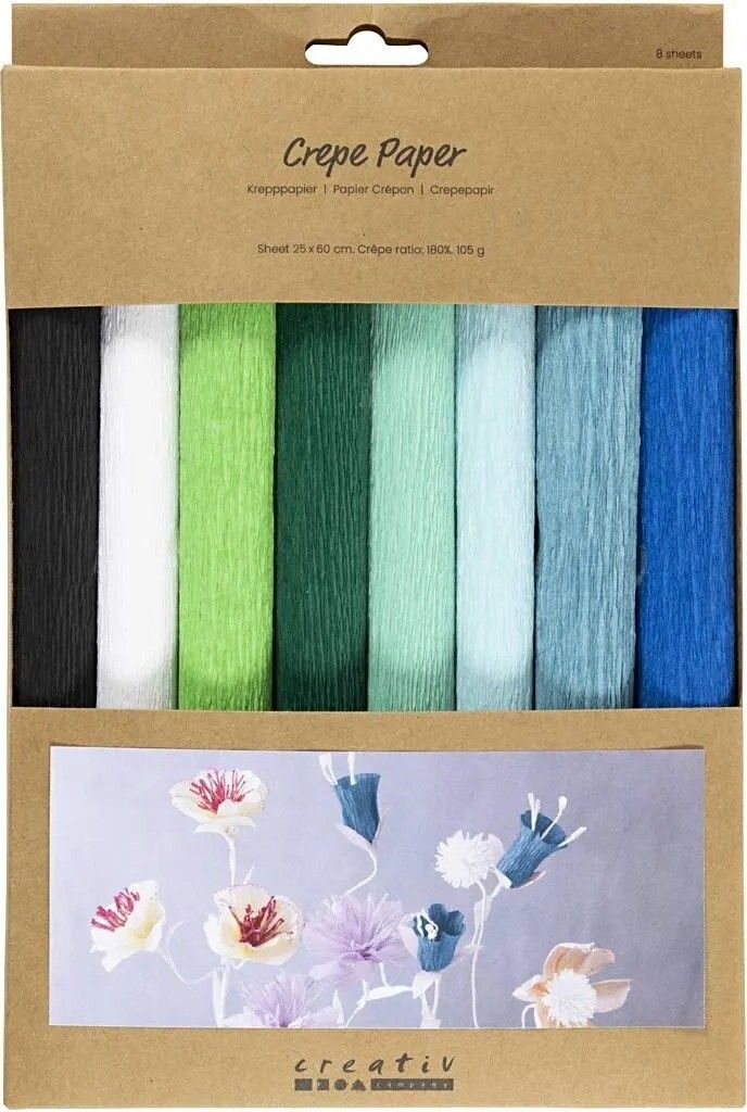 Creativ Company Krepppapier, Blatt 25 x 60 cm, Kreppverhältnis: 180 %, 105 g, blau-grüne Harmonie, 8 Blatt 1 Karton