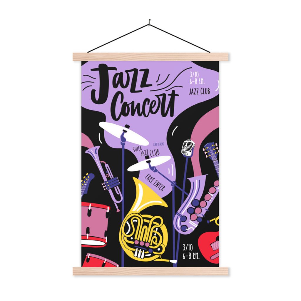 MuchoWow Textilposter Jazzkonzert - Zitate - Musikinstrumente - Schlagzeug 40x60 cm mit holzfarbenen Rahmen - Poster