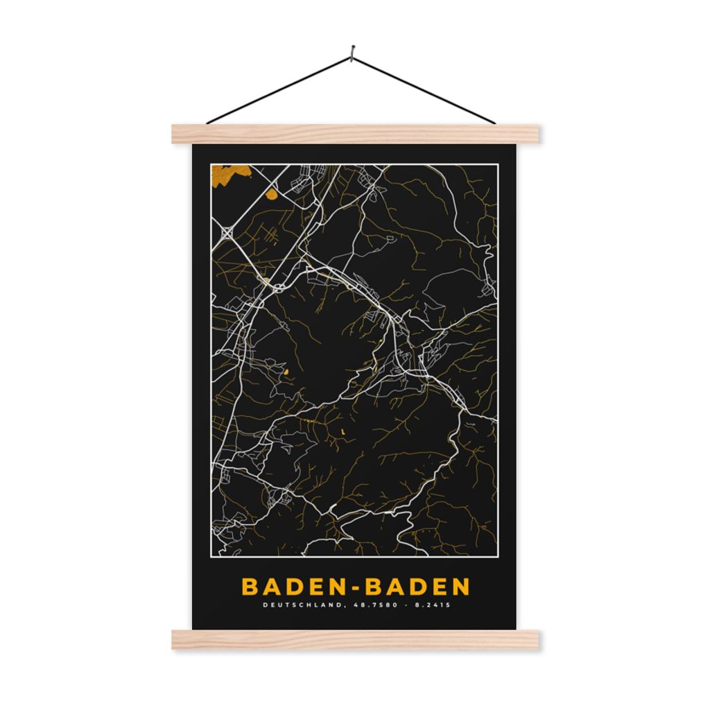 MuchoWow Textilposter Stadtplan - Karte - Baden Baden - Gold - Deutschland - Karte 60x90 cm mit holzfarbenen Rahmen - Textil