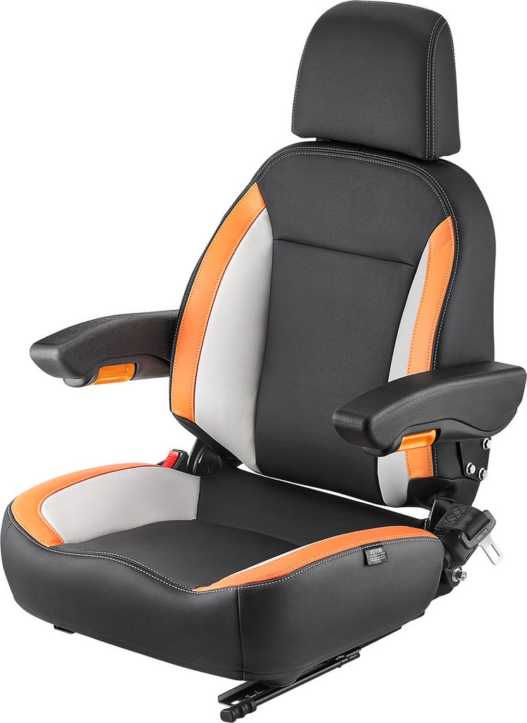 A black and orange seat with a headrest and armrests, isolated on a white background.