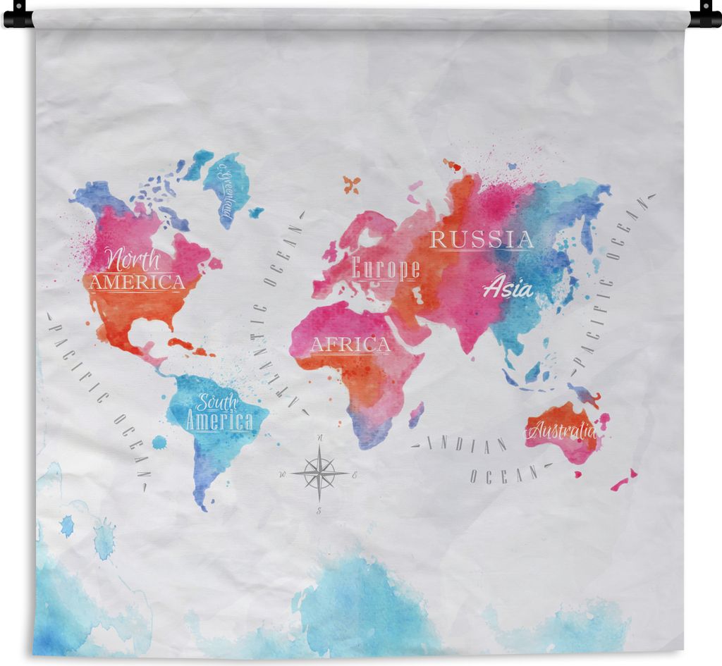 MuchoWow Wandteppich Wandbehang Weltkarte - Farben - Aquarellfarben 150x150 cm Tapisserie Dekoration Wandtuch - Wohnaccessoires - Modernes