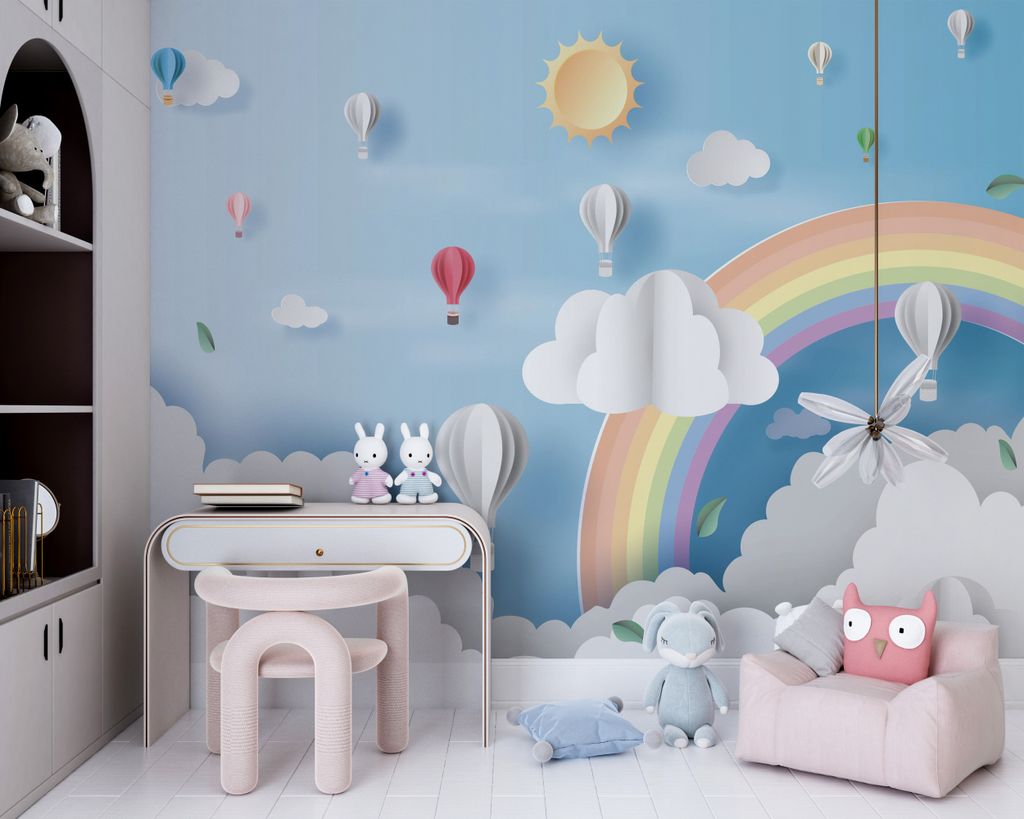 DECO WALLS Fototapete Kinderzimmer Regenbogen und Luftballons - Außergewöhnliche Haltbarkeit XXL 260x390 cm