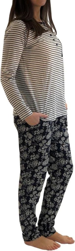 Normann Damen Pyjama lang, Oberteil gestreift, Hose Blümchenmuster – 191 201 90 881 ; creme , 36