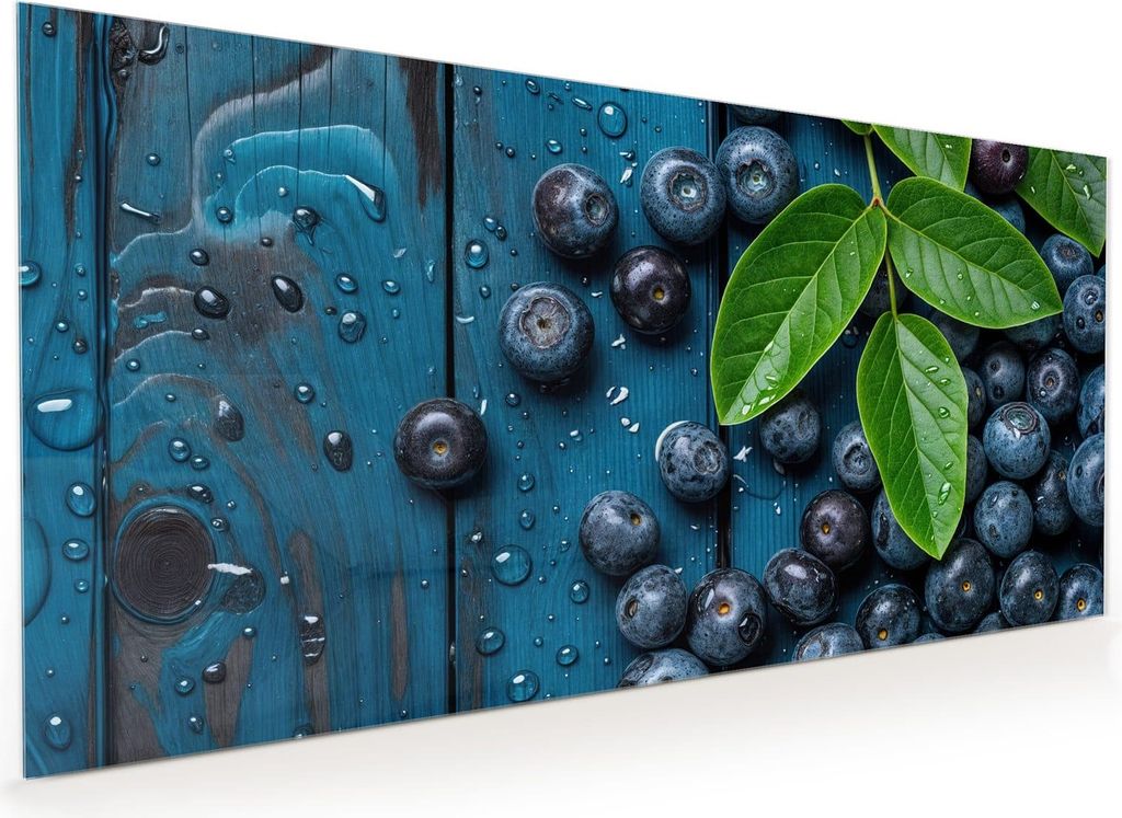 Küchenrückwand Spritzschutz Glas mit Motiv Blaubeeren auf Holz 40 x 40 cm
