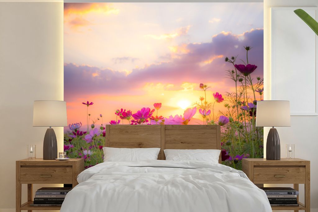 MuchoWow Fototapete für Wohnzimmer oder Schlafzimmer Wandtapete Vinyl Motivtapete Blumen - Rosa - Sonnenuntergang - Natur - Wiese - Horizont - 3...