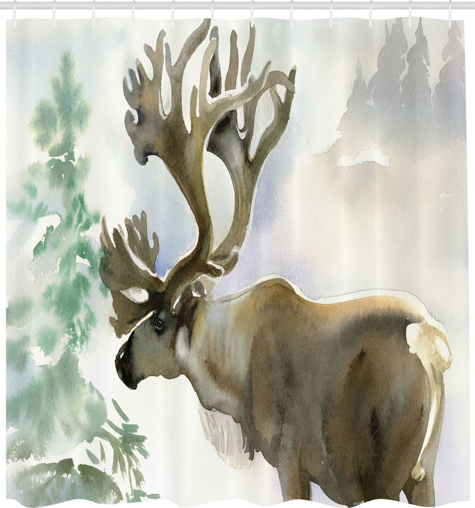 ABAKUHAUS Geweih Duschvorhang, Elch Im Winter Wald Wildernis Rentier Weihnachten Thema Aquarell Malerei Stil, Stoffliches Gewebe Badezimmerdekorati...