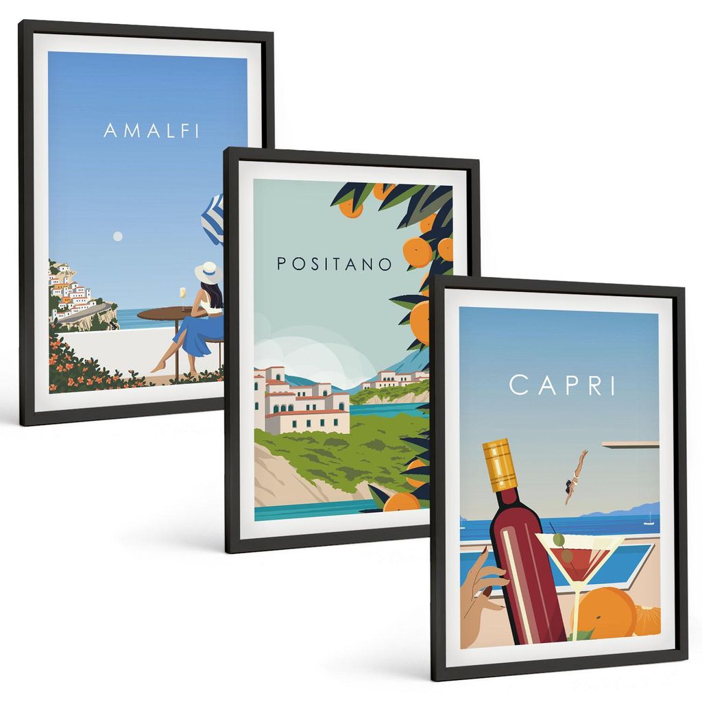 Bilder Set 3-teilig im schwarzen Rahmen – Wandbilder 3 Stück – gerahmte Poster für Wohnzimmer, Schlafzimmer und Flur – 40x60 cm – Amalfi,...