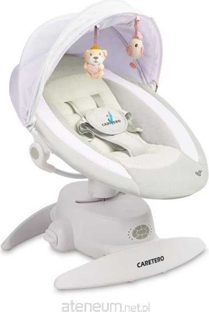 A white baby swing with a canopy and hanging toys.