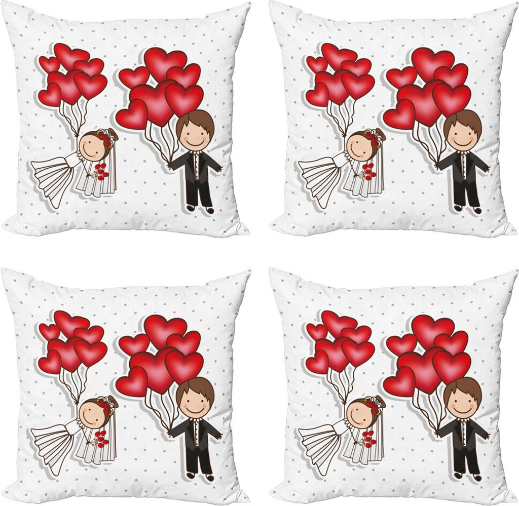 ABAKUHAUS Hochzeit Kissenbezug Set (4 Stück), Lustige Newlyweds Balloons, Moderner Doppelseitiger Digitaldruck, 60 cm x 60 cm, Rot, Weiß, Schwarz