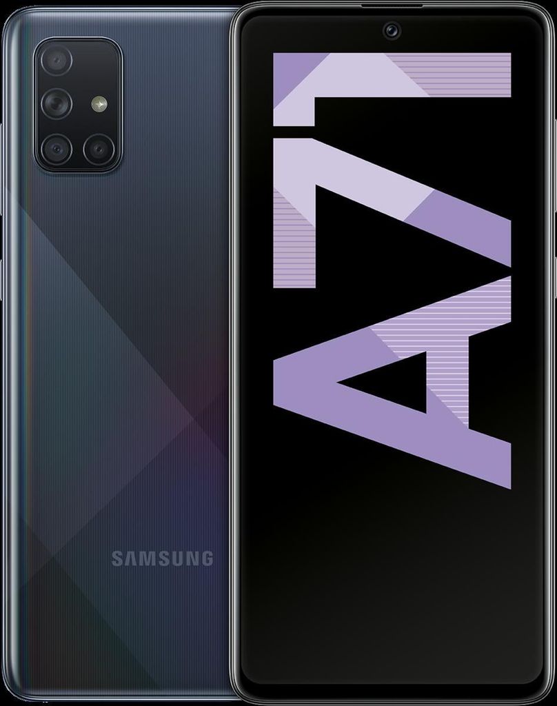 A split image showing the back and front of a Samsung Galaxy A71 smartphone. The front displays the text 'A71' in large purple letters.