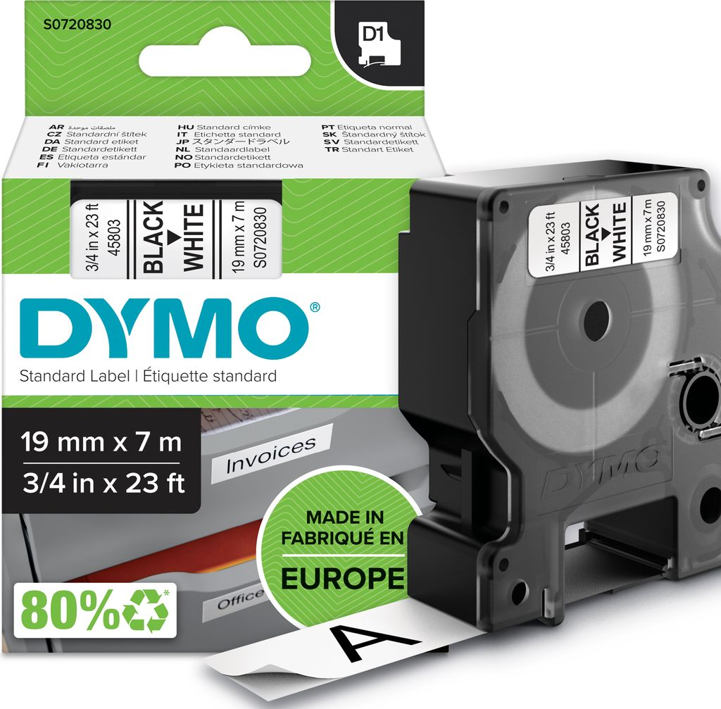 DYMO Original D1-Etikettenband | 19 mm x 7 m |schwarz auf weis | selbstklebendes Schriftband |Polyster | für LabelManager-Beschriftungsgerät