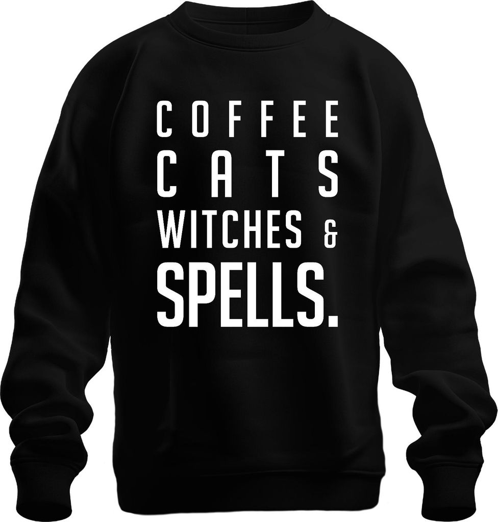 COFFEE CATS WITCHES & SPELLS. Kaffeeliebhaber Katzenfan Halloween Uni Sweatshirt Pullover, Schwarz, XL