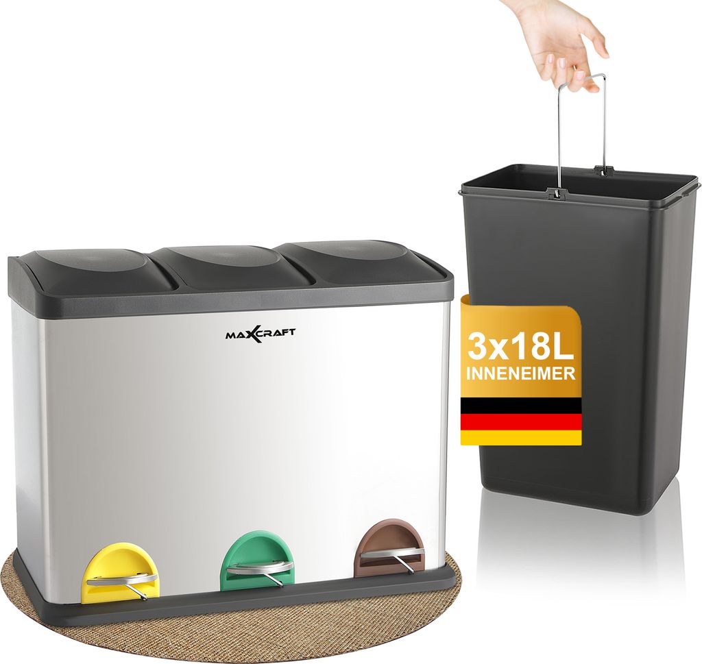 MAXCRAFT Mülleimer / Treteimer mit 3 Behältern - 54 Liter Produktbild 