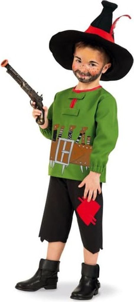 A child wearing a pirate costume, holding a toy pistol.