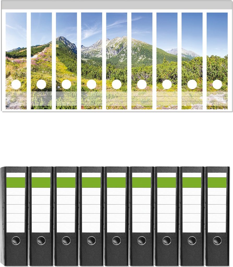 Wallario 9 Stück breite Ordner inkl. Klebeetiketten mit Motive Berggipfel in der Tatra - Set mit Rückenschildern / Ordnerrücken Stickern