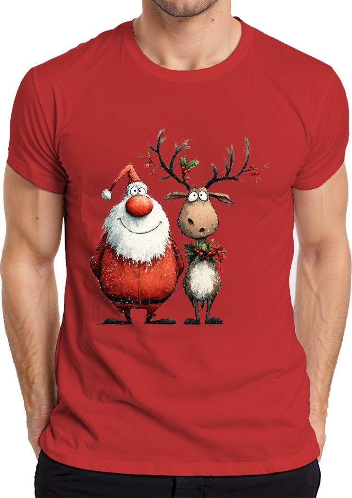 Lustiger Weihnachtsmann und Rentier Cartoon Weihnachten Geschenk Herren T-Shirt, Rot, XL
