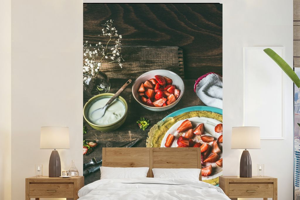 MuchoWow Fototapete für Wohnzimmer oder Schlafzimmer Wandtapete Vinyl Motivtapete Erdbeere - Rustikal - Obst - Rustikale Blumen - 195x300 cm - D...