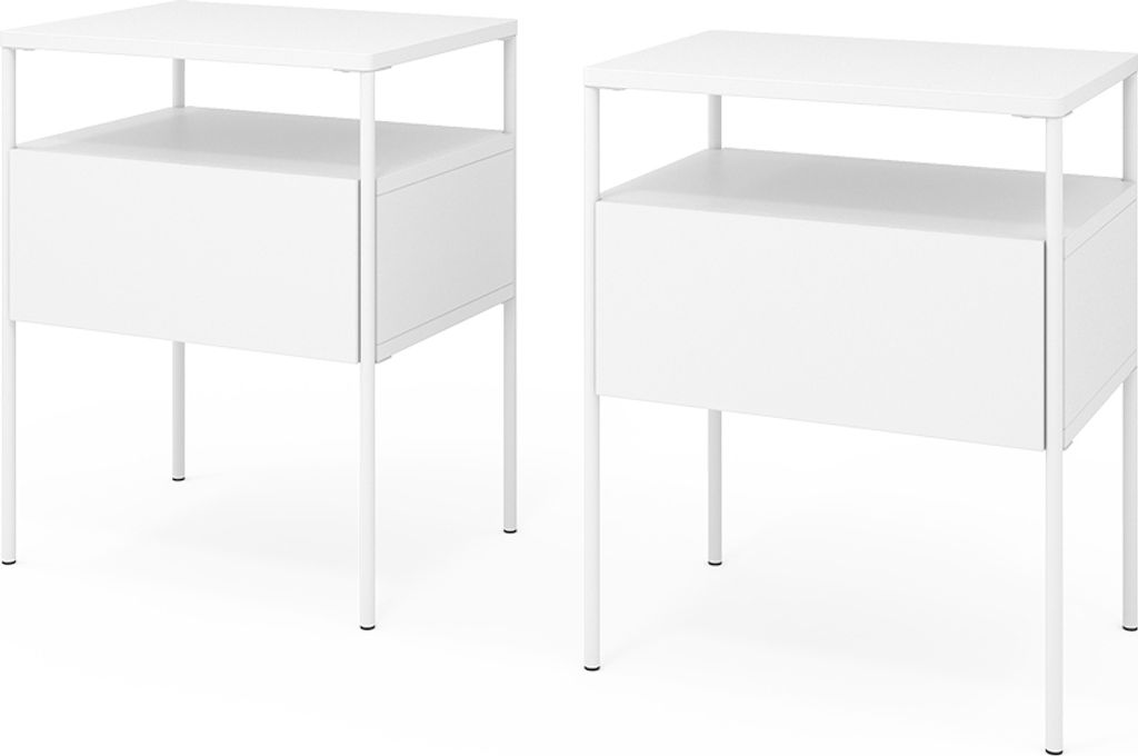 Two identical white nightstands are shown against a white background.