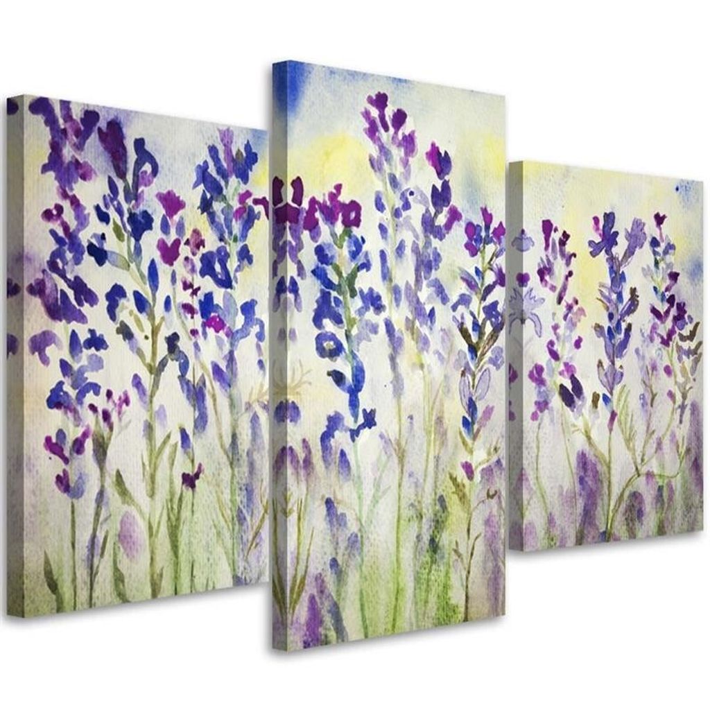 Triptychon auf leinwand lila und blaue blumen 90x60 cm Feeby lila wandbild bereit zum aufhängen