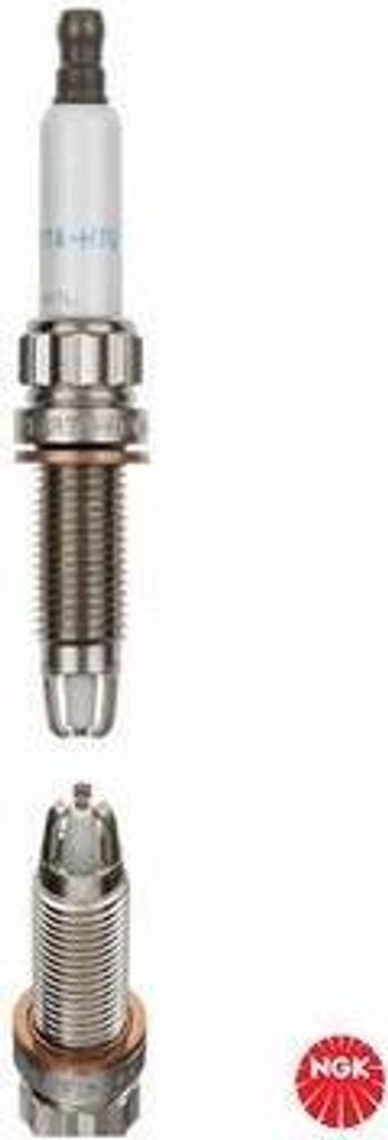A product shot of a spark plug, with the top part separated from the bottom part.