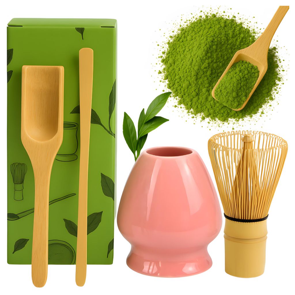 Matcha Set 4-in-1 – Teezeremonie Set – Bambus & Keramik – Handgefertigt – Rosa