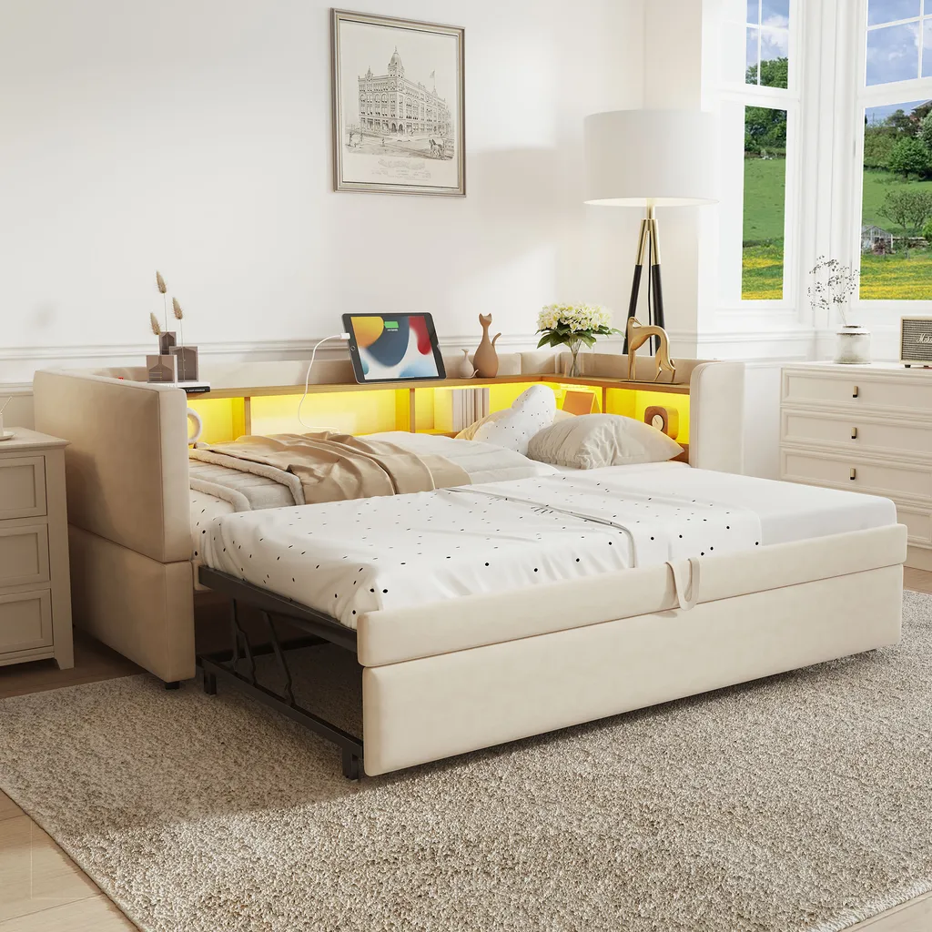 Lit d'appoint modulable 90 ou 180x190cm avec rangement et LED intégré
