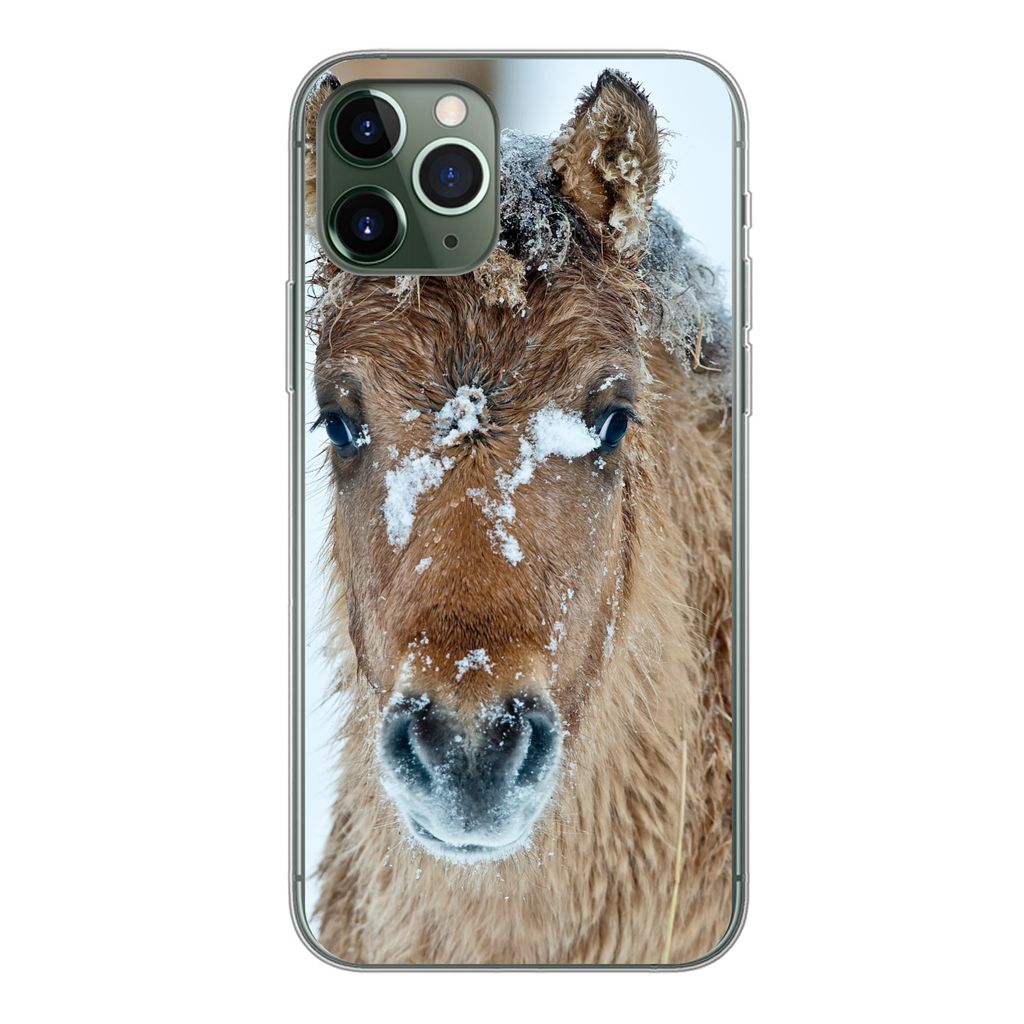 MuchoWow Handyhülle Schutzhülle Hülle für iPhone 11 Pro Junges Fjordpferd mit Schnee bedeckt Silikon Softcase Handy Hülle - Handy