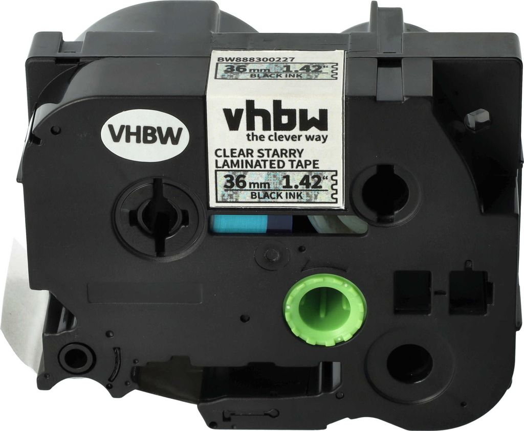 vhbw Schriftband-Kassette kompatibel mit Brother PT E550W, RL700S Etiketten-Drucker 8m x 36mm Schwarz auf Transparent (glitzernd), Laminiert