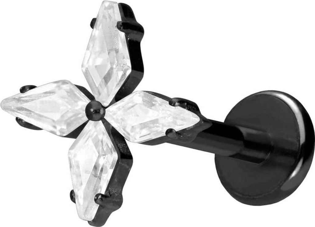 Ohrpiercing, Nasenpiercing Titan Labret mit Push Fit KRISTALLSTERN Schwarz Stablänge: 9mm | Stabstärke: 1mm
