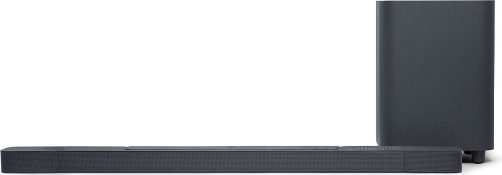 A soundbar and wireless subwoofer are displayed against a white background.