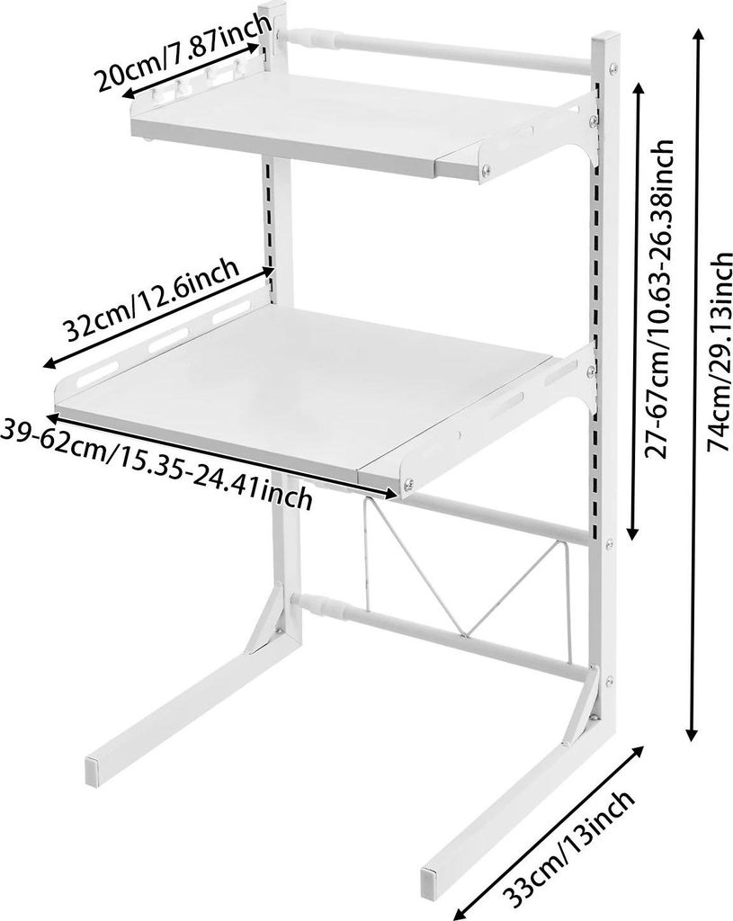 Mikrowellenregal - 3-stöckiger Küchenständer - Breite verstellbar 39–62 cm - Gesamthöhe 74 cm - Kohlenstoffstahl - Freistehend - Weiß