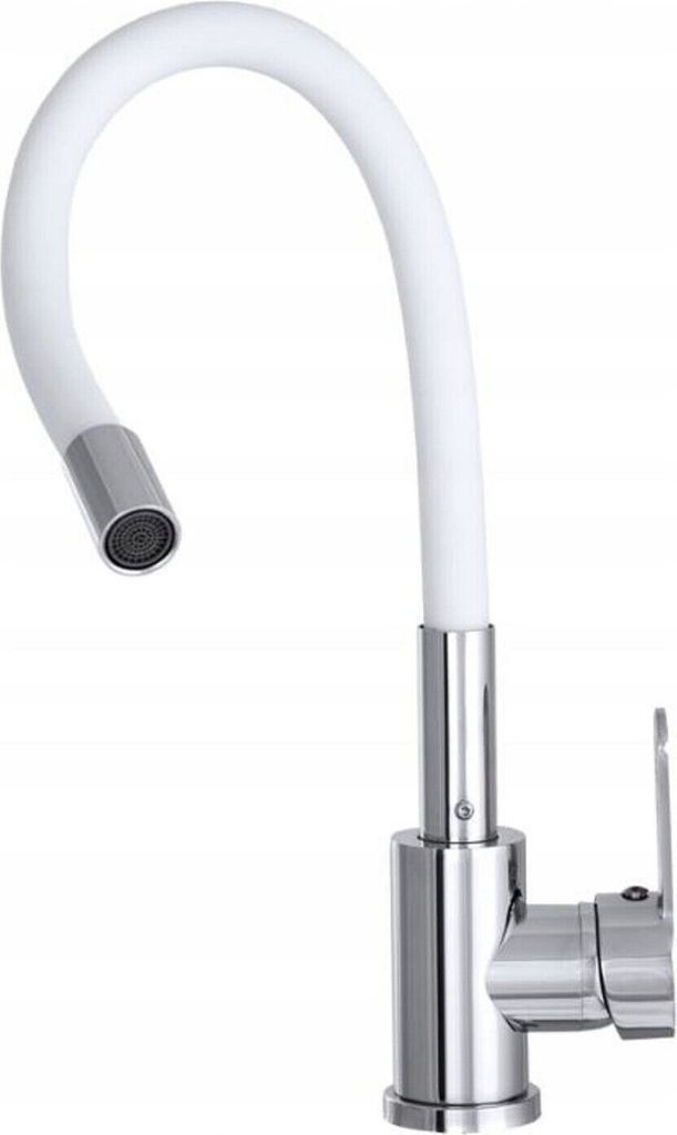 A white flexible kitchen faucet with a silver base and spout.