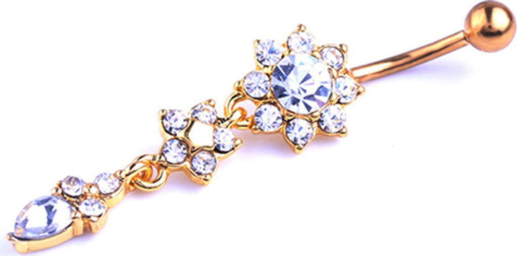 Frauen Mode Strass Blume Waterdrop Körper Piercing Schmuck Barbell Nabel Ring-Goldener + weißer Strassstein